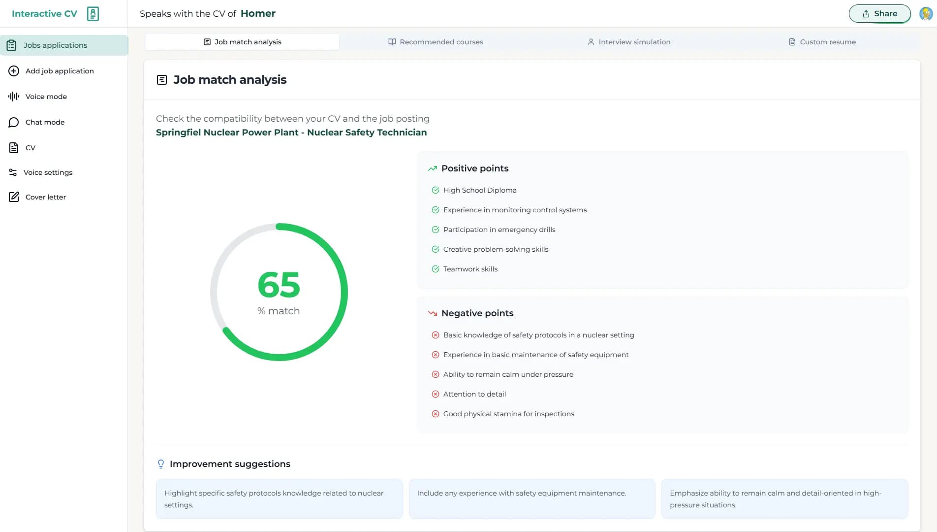 Job application analysis interface showing match percentage and improvement suggestions