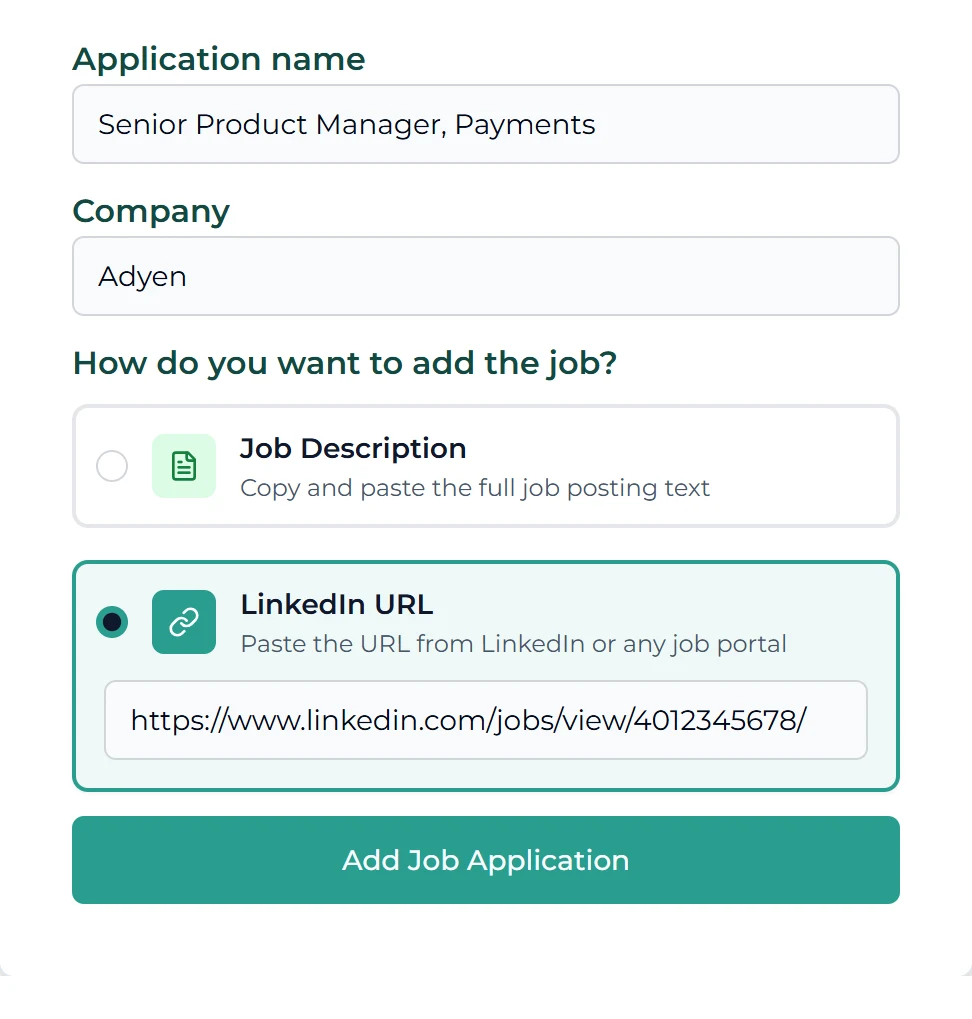 Add job application form with the LinkedIn URL option selected