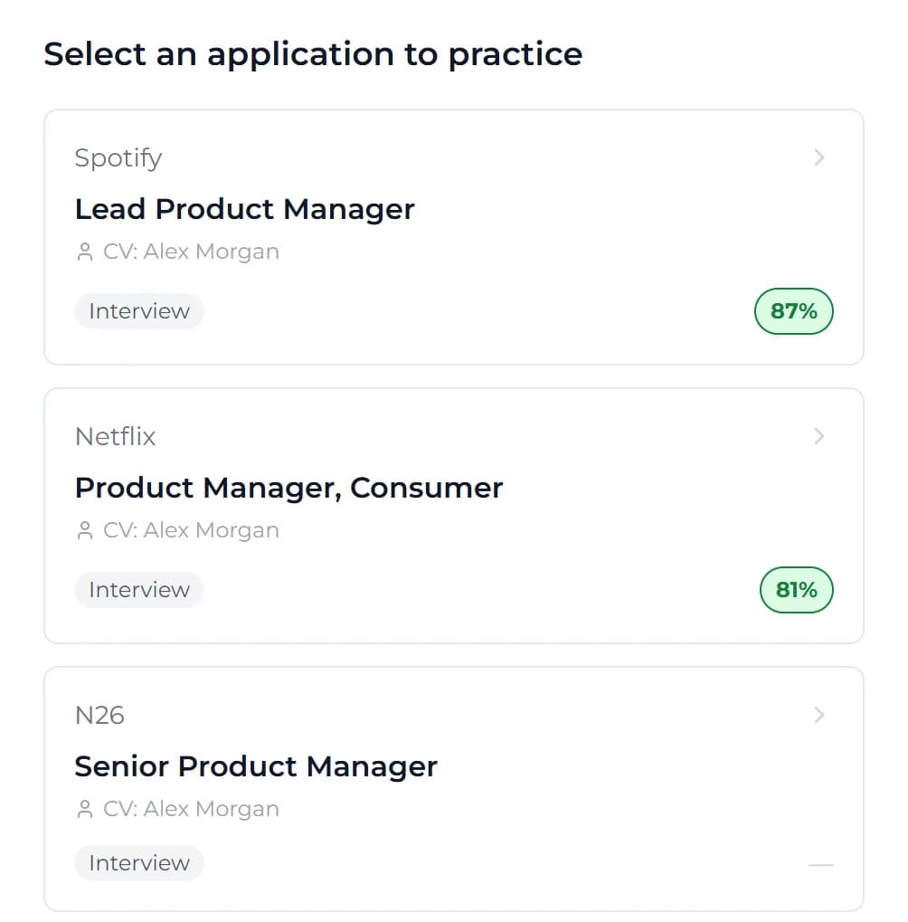 Interview simulator listing tracked job applications to practise for, with the CV each one uses and, once analysed, its match score