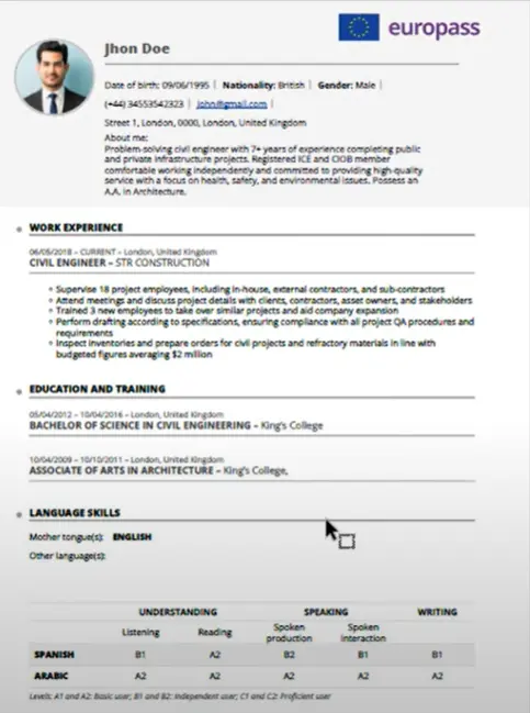 Ejemplo de plantilla de CV Europass completada que muestra el formato adecuado y la disposición de las secciones